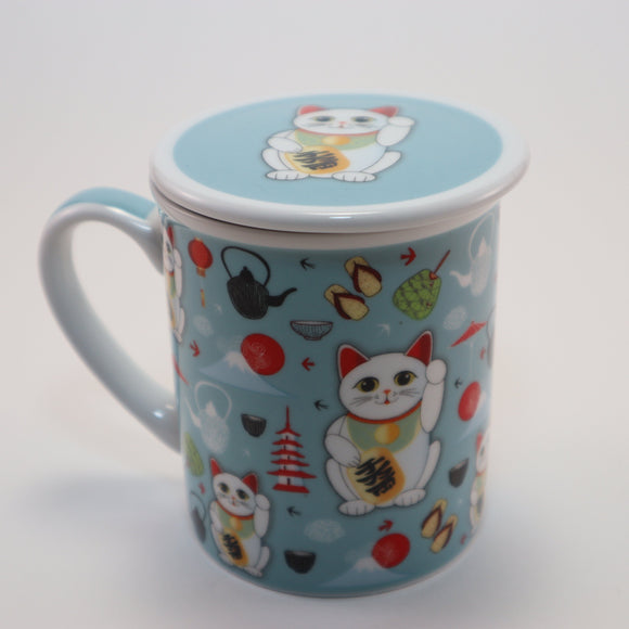 Lucky Cat Tea Cup with Matching Lid and Infuser